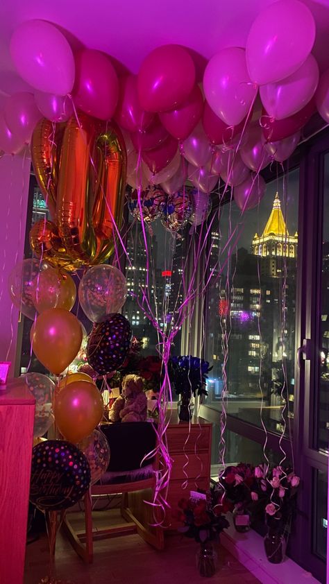 Flowers, Birthday, Balloons, Pink, pink balloons, gold balloons, gold, 20th birthday, birthday party, flowers, bouquet, roses, glamorous, gossip girl, NYC, New York City, apartment, party, celebration, 21st birthday, friends, family, love, pink room Room Filled With Balloons Birthday, Room Filled With Balloons, Room Full Of Balloons, Balloons And Flowers, Surprise Birthday Decorations, 18th Bday, Glass Room, Balloons Birthday, Birthday For Him