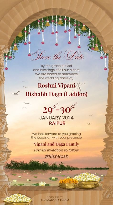 Rishabh & Roshni | Save The Date | Mubaarak Studio Save The Date Creative, Save The Date Posters, Creative Save The Date, Creative Wedding Invitations Design, Save The Date Illustrations, Indian Wedding Invite, Wedding Illustration Card, Digital Wedding Invitations Design, Save The Date Invite