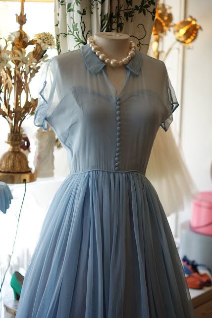 1950s Sunday Dress with sheer overlay in pale blue, by Emma Domb. 50's Dresses, 1950s Clothing, Istoria Modei, Makeup History, Vintage Clothing Boutique, Vintage Mode, Dress Inspo, Vestidos Vintage, 50s Dresses