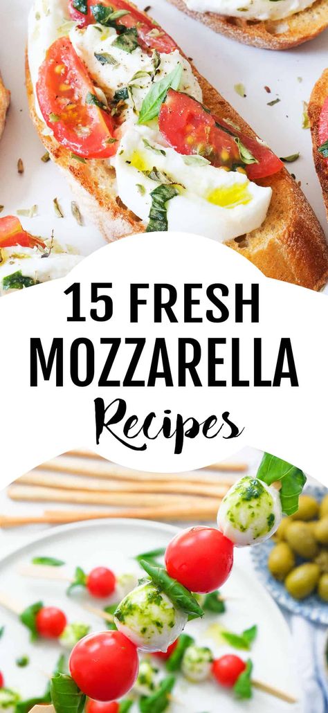 In this collection you'll find 15 terrific fresh mozzarella recipes that are easy to whip, perfect for any occasion, and absolutely delicious. #mozzarellarecipes #freshmozzarellarecipes Fresh Mozzarella Recipe Appetizers, Mozarella Cheese Recipe, Fresh Mozzarella Recipes, Fresh Mozzarella Appetizers, Fresh Mozzarella Sandwich, Mozerella Recipes, Fresh Mozzarella Salad, Fresh Mozzarella Recipe, Mozzarella Appetizers