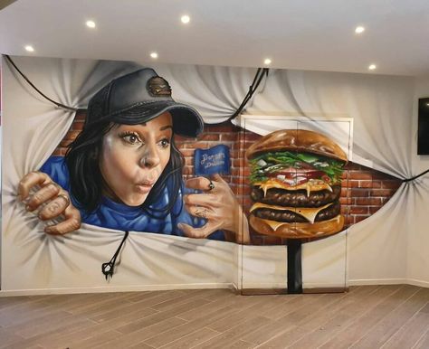 French Street Artist Occupies The Empty Spaces Of His City With His Amazing And Gigantic 3D Art (27 Pics) Art Restaurant, Food Wall Art, Funny Caricatures, Wall Painting Decor, Mural Ideas, Amazing Street Art, Food Graphic Design, Cafe Art, Art Painting Gallery