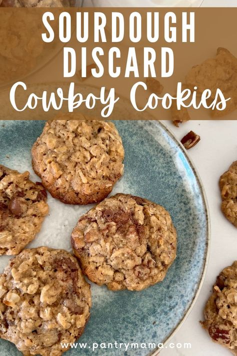 Sourdough Discard Cowboy Cookies are bursting with chocolate chips, pecans, rolled oats and coconut and use 100g of sourdough discard. Sourdough Discard Cowboy Cookies, Sourdough Cowboy Cookies, Potato Flake Discard Recipes, Sour Dough Discard Cookie Recipes, Sourdough Cookies Recipe, Sourdough Discard Cookies, Discard Biscuits, Sourdough Sweets, Pantry Mama