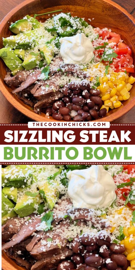 This summer grilling idea is perfect for your Memorial Day dinner menu! A Sizzling Steak Burrito Bowl recipe that comes together in no time and is full of flavor. This steak burrito recipe is an easy spring recipe that will definitely be a favorite! Easy Burrito Bowl Recipe, Memorial Day Dinner Ideas, Qdoba Burrito Bowl Recipe, Steak Burrito Bowl Recipe, Grilled Dinner Ideas, Steak Burrito Recipe, Memorial Day Dinner, Steak Burrito Bowl, Steak Rice Bowl