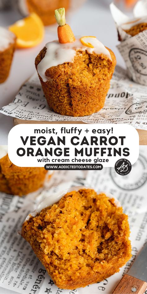 carrot cake muffin with cream cheese icing and a mini carrot. Eggless Carrot Muffins, Vegan Orange Muffins, Gluten Free Carrot Muffins, Vegan Muffin Recipe, Vegan Carrot Muffins, Eggless Muffins, Easter Foods, Caramel Dessert Recipes, Vegan Chocolate Recipes