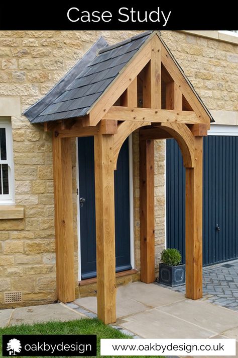 This small 4 post oak porch is perfect for our clients lovely Yorkshire home. #oakporch #madeinyorkshire #porch #oakbydesign Porch Roof Design, Oak Porch, Timber Frame Porch, Porch Canopy, Porch Kits, Blue Front Door, House Front Porch, Building A Porch, Porch Uk