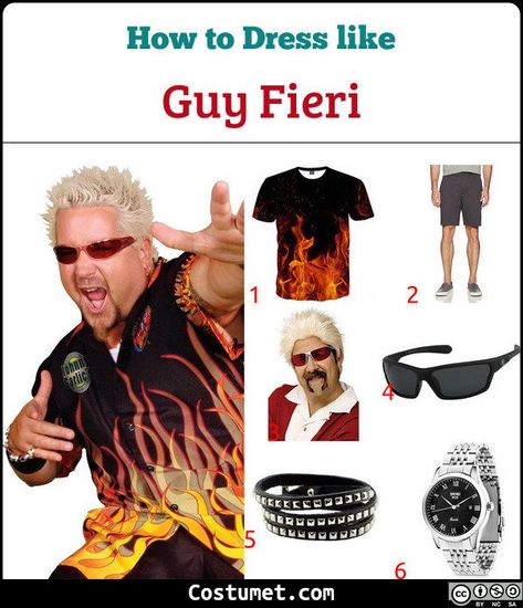 Guy Fieri costume is a flame printed dark button down shirt with matching shades, blonde hair and a goatee, wears chino shorts, rings and metal watch, and studded bracelet.            #Male #male #icon #blonde #tv #personality #chef #adult Diy Male Costumes, Guy Fieri Costume Girl, Blonde Male Halloween Costume, Fire Costume Men, Guy Fieri Halloween Costume, Couple Halloween Costumes Blonde Guy, Blonde Guy Halloween Costume, Guy Ferrari Costume, Guy Fieri Bachelorette Party