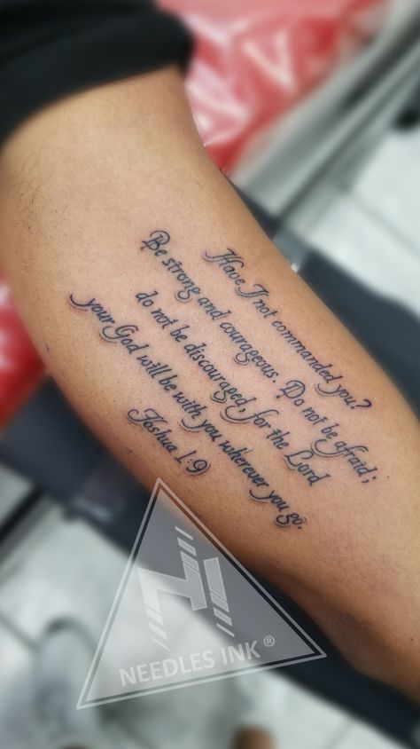 Bible Verse Tattoo Cursive, Bible Verse Bicep Tattoo, Inner Bicep Text Tattoo, Bible Text Tattoo, God Scriptures Tattoo, Bible Verse Neck Tattoo, Joshua 1 9 Tattoo Men, Bible Script Tattoo, Arm Script Tattoos For Women