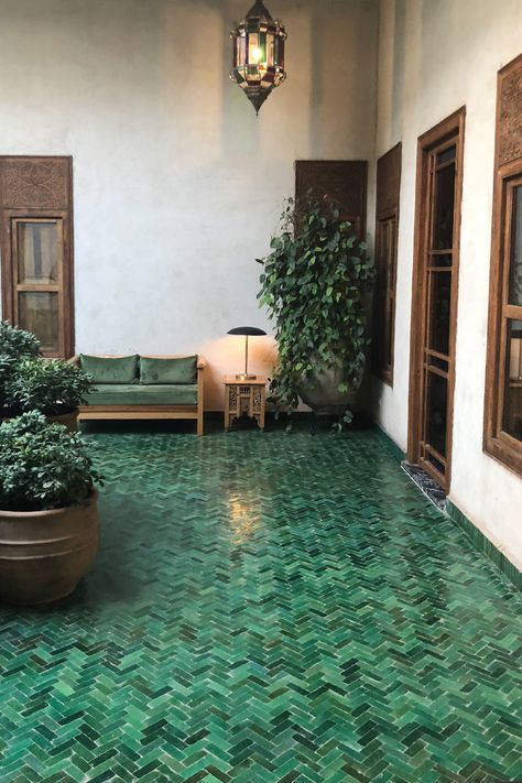 Green Floor Tile Living Room, Emerald Green Floor Tile, Morocco Bathroom Design, Green Tile Living Room, Marocco Bathroom, Tiles In Garden, Marrakech Decor, Morocco Furniture, Morocco Bathroom