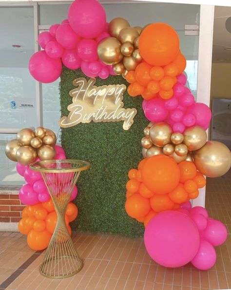 21st Birthday Sunset Theme, 70s Inspired Party Decor, Sneaker Brunch Party, Pink Orange Gold Balloon Garland, Pink Orange Gold Party, Orange And Pink Decor Party, Pink Orange And Gold Party Decorations, Bright Color Birthday Party Ideas, Birthday Backyard Party Ideas