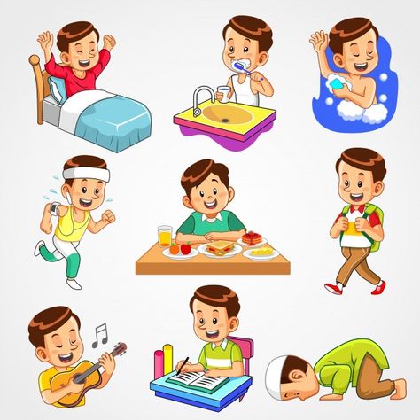 Boy's daily activities Premium Vector | Premium Vector #Freepik #vector #sport #guitar #boy #breakfast Good Habits For Kids, Daily Routine Kids, Sleep Cartoon, Permainan Kerjasama Tim, Daily Routine Activities, Sleeping Man, Guitar Boy, Learning English For Kids, Activities For Boys