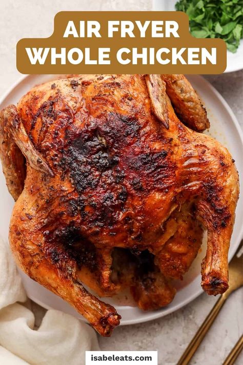 This juicy and flavorful air fryer whole chicken with Mexican-inspired seasonings and crispy skin is the perfect weeknight dinner. Air Fryer Whole Chicken Recipe, Air Fryer Whole Chicken, Whole Chicken Recipe, New Chicken Recipes, Skin Perfection, Whole Chicken Recipes, Whole Roasted Chicken, Air Fryer Recipes Chicken, Fall Dinner Recipes