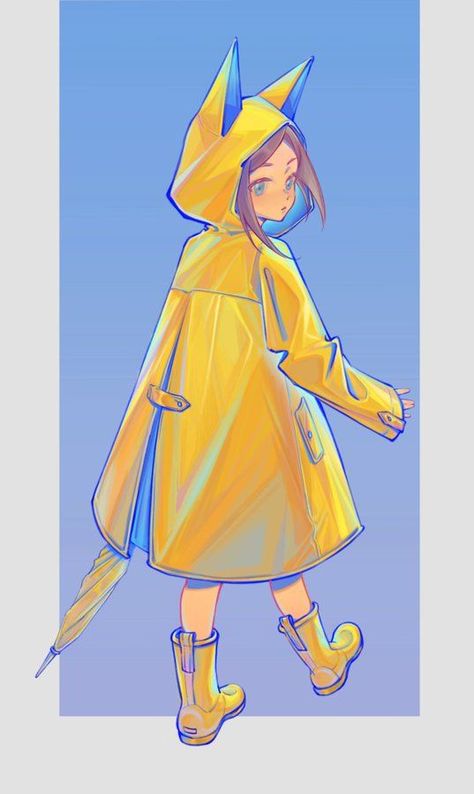 Raincoat Character Design, Raincoat Drawing, Rainy Day Drawing, Transparent Raincoat, Mysta Rias, Umbrella Art, Yellow Raincoat, Dreamy Art, Girls Characters