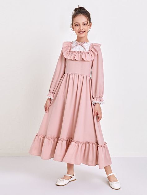 Free Returns ✓ Free Shipping On Orders $49+ ✓. SHEIN Girls Schiffy Yoke Ruffle Detail Flare Dress- Girls Dresses at SHEIN. Kids Long Dress, Modest Girls Dresses, Kids Frocks Design, Kids Dress Wear, Girl Dress Patterns, Kids Fashion Dress, Blouse Neck