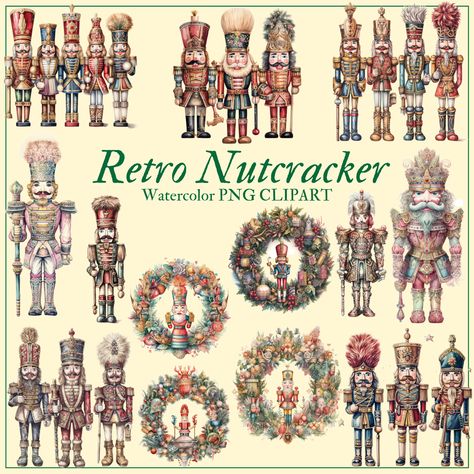 Nutcracker Clipart, Nutcracker Wreath, Vintage Nutcracker, Vintage Nutcrackers, Watercolor Wreath, Vintage Holiday Decor, Nutcracker Soldier, Christmas Arrangements, Watercolor Palette