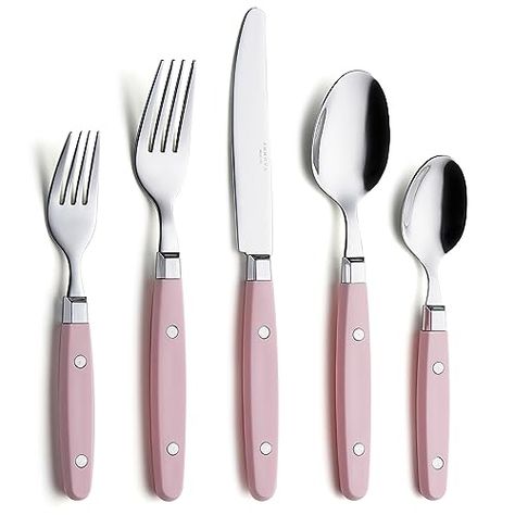 ANNOVA Silverware Set 20 Pieces Stainless Steel Color Handle With Rivet/Retro Flatware - 4 x Dinner Knife; 4 x Dinner Fork; 4 x Salad fork; 4 x Dinner Spoon; 4 x Dessert Spoon (Light Pink, 20 Pieces) Cute Silverware, Blush Pink Bedroom Decor, Pink Kitchen Appliances, Retro Pink Kitchens, Pink Living Room Decor, Pink Bathroom Decor, Eating Utensils, Pic Nic, Salad Fork