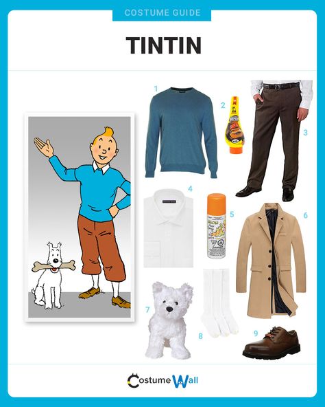 The best costume guide for dressing up like Tintin, the investigative reporting hero appearing in The Adventures of Tintin comics. Tintin Halloween Costume, Tintin Costume, Fancy Dress Diy, Comic Costume, Got Costumes, Cosplay Idea, The Adventures Of Tintin, Costume Guide, Adventures Of Tintin