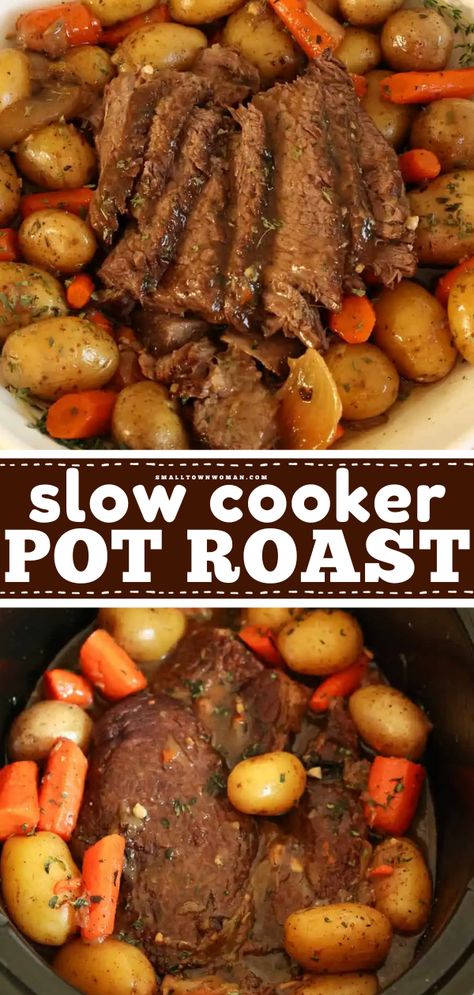 A beef recipe in the crock pot! This comfort food idea features melt-in-your-mouth tender, flavorful chuck roast. Smothered in a rich brown gravy, this slow cooker pot roast with potatoes and carrots is such a hearty dinner! Crock Pot Chuck Roast, Crockpot Pot Roast, Slow Cooker Pot Roast Recipes, Pot Roast Crock Pot Recipes, Easy Pot Roast, Slow Cooker Pot Roast, Best Pot Roast, Pot Roast Recipe, Slow Cooker Roast