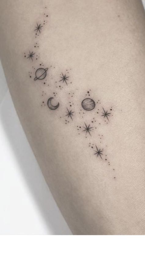 Space Tattoos Collar Bone, Cosmic Tattoo Ideas Small, Small Cosmic Tattoo, Space Collarbone Tattoo, Simple Constellation Tattoo, Dainty Planet Tattoo, Cat Constellation Tattoo, Minimalist Constellation Tattoo, Star Sleeve Tattoos For Women