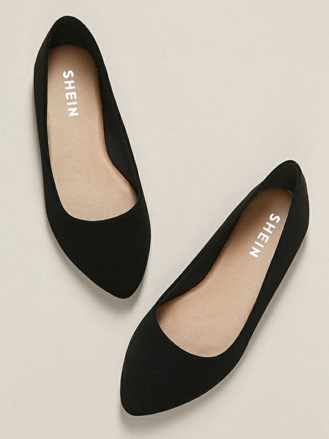 Wide Fit Pointed Toe Ballet Flats | SHEIN USA Cute Shoes Flats, Kacamata Fashion, Open Toe Slippers, Fashion Shoes Sandals, Fashion Shoes Flats, Classy Shoes, Black Plain, Stunning Shoes, Women Flats