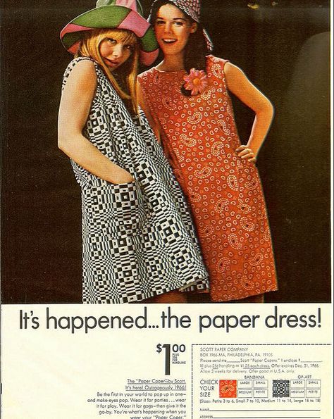 From Mademoiselle, June 1966 My mom always into fashion, ordered a paper dress in the late 60's. Make Eyes Pop, Paper Dresses, Paper Clothes, Retro Looks, 60s And 70s Fashion, Paper Dress, Glad Rags, 1960s Fashion, 60s Fashion