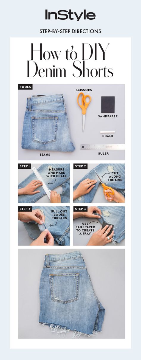 An easy four-step guide on how to cut your jeans into shorts. Jeans Into Shorts, Diy Denim Shorts, Diy Jean Shorts, Cut Jean Shorts, Diy Ripped Jeans, Ropa Upcycling, Haine Diy, Diy Clothes Refashion, Diy Denim