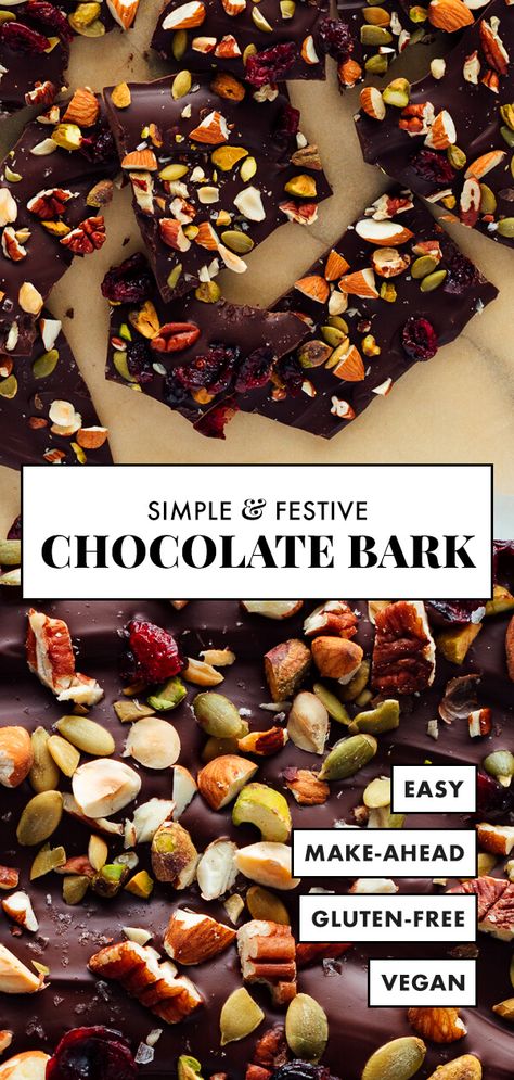 Chocolate bark is SO EASY to make! Here's my favorite version, made with dark chocolate, chopped nuts, cranberries and flaky sea salt. You'll find more delicious variations in the post. This gourmet but healthy treat is ready in about 25 minutes! #chocolatebark #holidayrecipe #chocolaterecipe #healthyrecipe #cookieandkate Chocolate Nut Bark Recipes, Chocolate Nuts Bar, Dark Chocolate Bark Healthy, Chocolate Bark Healthy, Chocolate Nut Bark, Healthy Chocolate Bark Recipes, Vegan Bark Recipes, Nut Bark Recipes, Healthy Bark Recipes