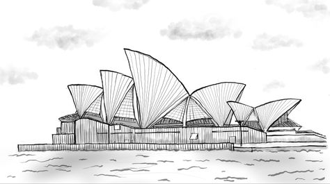 Freehand Sketch Sydney Opera House Tattoo, Sydney Opera House Sketch, Sydney Opera House Drawing, Opera House Drawing, Logbook Ideas, Freehand Sketch, House Doodle, Architecture Sketches, House Sketch