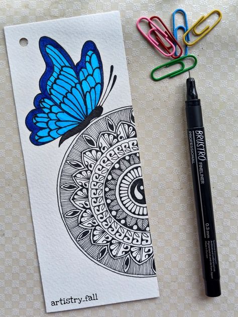 I have made this butterfly bookmark as I like to draw butterflies. Butterfly Mandala Art Colorful, Easy Mandala Bookmark, Book Mark Design Ideas Simple, Mandala Art Unique Designs, Butterfly Mandala Design, Butterfly Doodle, Mandala Bookmark, Painted Mirror Art, Butterfly Bookmark