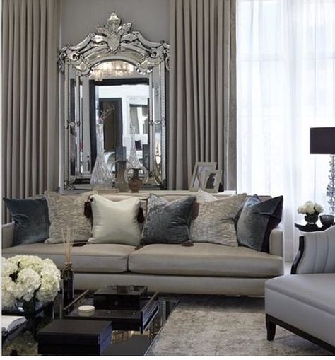 Statement Lamp, Beautiful Mirror, Mirror On The Wall, Renovation Ideas, Living Room Grey, Classic Interior, A Living Room, Living Room Inspiration, Beautiful Interiors