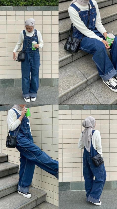 Jumpsuit With Hijab, Ootd Overall Jeans, Jeans Jumpsuit Outfit Hijab, Over All Outfit Denim Overalls, Ootd Jeans Biru, Ootd Jumpsuit Hijab Jeans, Overall Jeans Hijab, Jumpsuit Outfit Hijab Style, Outfit Overall Hijab