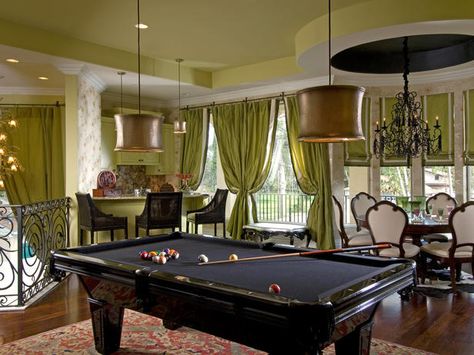 Green,Bronze Lampshade,Chandeliers, DARK WOODS,WHITE DIN CHAIRS  HGTV  (GREEN DONE RIGHT) Billiard Room Design, Black Pool Table, Game Room With Pool Table, Room With Pool Table, Family Game Room, Pool Table Room, Home Game Room, Bar Basement, Game Room Family