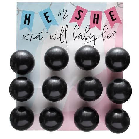 What will it be, a he or she? A perfect addition to baby shower festivities, this exciting game is a wonderful way to reveal the gender of your little bundle of joy. Simple inflate the balloons, arrange them on the game board and have the parents take turns popping them until the pink or blue confetti is revealed. Find even more gender reveal activities, favors and decorations on this website. Includes plastic guard, 3 pink confetti balloons, 3 blue confetti balloons and 14 regular balloons. Car Gender Reveal Balloon Pop Board, Balloon Board Gender Reveal, Gender Reveal Darts And Balloons, Original Gender Reveal Ideas, Balloon Pop Gender Reveal, Ways To Reveal Baby Gender, Gender Reveal Balloon Pop, Gender Reveal Activities, Balloon Pop Game