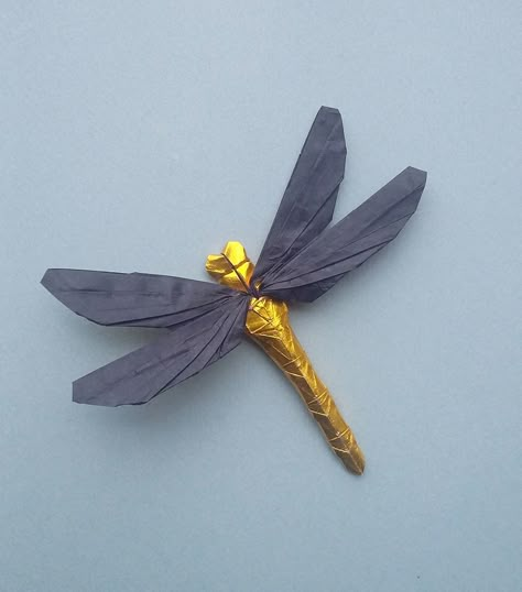 Sérgio Queiroz folded this great dragonfly.  The colour change in this model is pretty awesome. #origami Origami Dragonfly, Insect Art Projects, Origami Insects, Origami Flower Bouquet, Insects Art, Fly Paper, Creative Origami, Origami Artist, Cover Flower