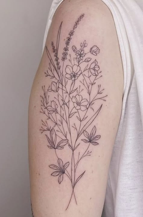 Fine Line Forearm Sleeve, Wildflower Tattoo Bicep, Bouquet Tattoo Sleeve, Wildflower Half Sleeve Tattoo Forearm, Botanical Half Sleeve Tattoo, Wildflower Bouquet Tattoo Forearm, Wildflower Tattoo Sleeve Forearm, Fine Line Half Sleeve Tattoo, Wildflower Arm Tattoo