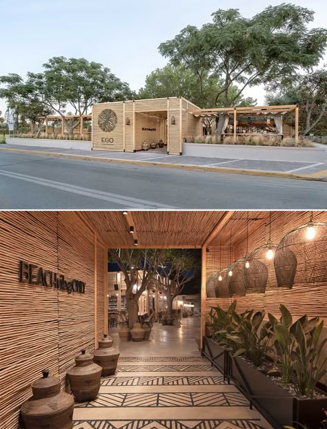 Screens Made From Reeds Add To The Beach Aesthetic Of This Bar And Restaurant Beach Restaurant Design, The Beach Aesthetic, Outdoor Restaurant Patio, Open Restaurant, Bar Deco, Restaurant Exterior, Outdoor Restaurant Design, Restaurant Patio, Cafe Shop Design