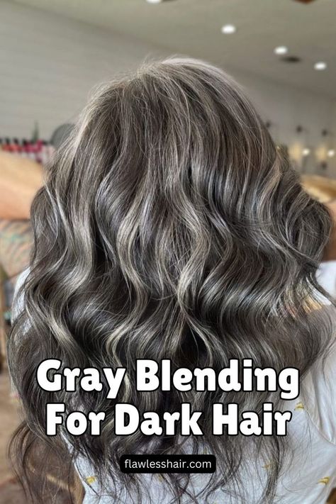 Gray Blending For Dark Hair Grey Brown Hair, Gray Blending, Dark Grey Hair, Mushroom Hair, Grey Hair Transformation, Grey Hair Inspiration, Gray Hair Growing Out, Transition To Gray Hair, Blending Gray Hair