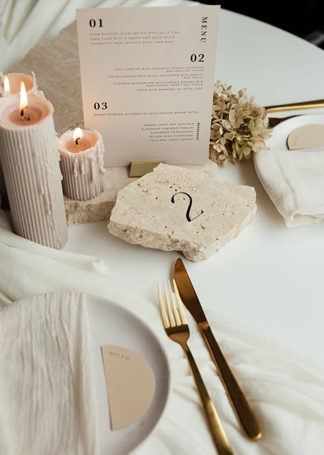 Natural Wedding Aesthetic, Flower Numbers Diy, Travertine Table Numbers, Neutral Table Decor, Unique Table Numbers Wedding, Travertine Table, Table Labels, Diy Table Numbers, Loft Wedding