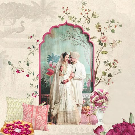 Rajvee and Andre tied the knot at their home in Pune with a six-day-long wedding celebration surrounded by their loved ones. While the wedding was intimate, it was a grand affair that truly reflected their personalities. For their Indian wedding ceremony, Rajvee and Andre desired a classic Indian mandap that would stand the test of time rather than something trendy and Instagram-worthy. They also wanted the mandap to double as a reception stage post-ceremony to meet all their loved ones and c... Indian Wedding Mandap Illustration, Rajasthani Theme, Indian Mandap, Haldi Invitation, Rajasthani Wedding, Indian Elements, Indian Wedding Aesthetic, Wedding Illustration Card, Indian Wedding Theme