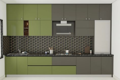 Dual Tone Kitchen, Green Laminate, Kitchen Beige, Golf Green, Tile Countertops, Contemporary Kitchen Design, Storage Units, Honeycomb Pattern, Kitchen Cupboards