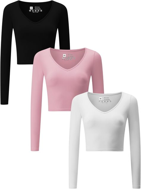 PRICES MAY VARY. 95% Polyester, 5% Spandex Imported Pull On closure Hand Wash or Machine Wash V Neck Long Sleeve Crop Tops Set: you will get 3 packs seamless long sleeve crop tops which designed with v-neckline; You can use them as workout crop tops, yoga tops, cheerleader costume, gym crop tops, etc. Trendy and simple design can better show your figure. Stretchable and Solid Color Design: our women crop tops are soft and stretchy. Super comfy and light weight but not too sheer. Breathable fabri Cropped Aesthetic, Women Workout Gym, Princess Era, Gym Tops Women, Gym Crop Top, Fun Outfits, Cheerleader Costume, Trendy Crop Tops