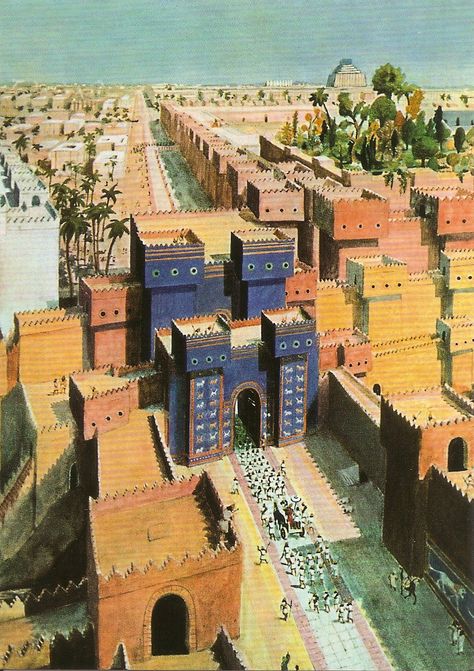 Walter Anger - Babylon, Looking for Ishtar Gate including the Processional Way    1927, watercolor Babylon City, Ishtar Gate, Gate Of Babylon, Ancient Babylon, Gardens Of Babylon, Cradle Of Civilization, Ancient Near East, Ancient Mesopotamia, Ancient Buildings