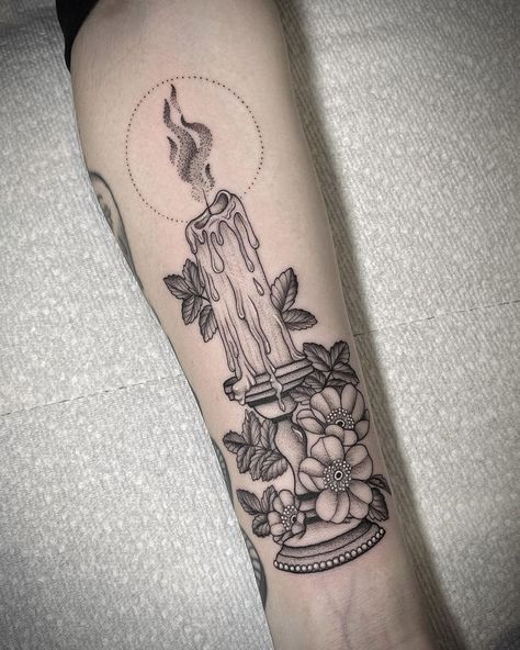 Candle Stick Tattoo Traditional, Burnt Out Candle Tattoo, Candle With Flowers Tattoo, Candle Burning At Both Ends Tattoo Traditional, Tattoo Window Display, Black And Grey Candle Tattoo, Dripping Candle Tattoo, Witch Candle Tattoo, Candle Stick Tattoo Design