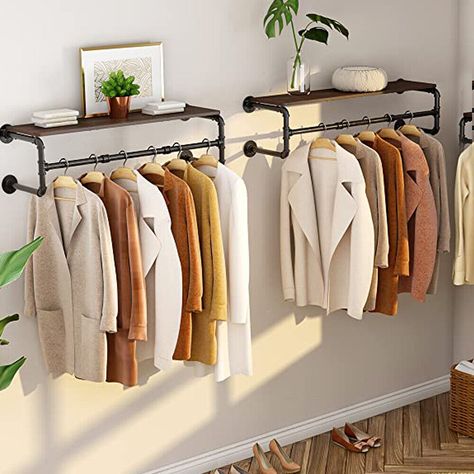 Detachable Clothing, Industrial Pipe Clothing Rack, Wall Mounted Wood Shelves, Pipe Clothes Rack, Hanging Clothes Rail, Rack Industrial, Hanging Coat Rack, Hanging Clothes Racks, Clothes Rod