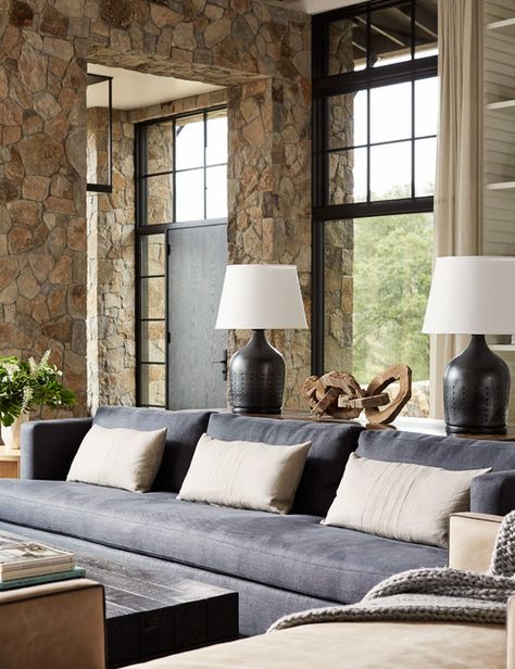 Rustic Living Room with Stone Walls and Black Metal Windows Black Metal Windows, Metal Windows, Tuscan Decorating, Stone Walls, Rustic Living, Rustic Living Room, Family Room Design, Mountain Home, Town Country