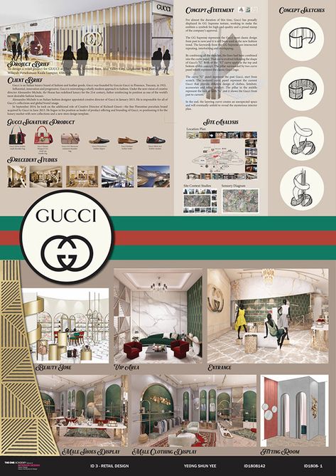 Retail Store Design - Gucci Retail Store on Behance Dior Shop Interior Design, Gucci Store Interior Design, Material Sheet Interior Design, Gucci Flagship Store, Retail Layout Design, Jacquemus Store Interior, Luxury Retail Store Interior Design, Gucci Interior Design, Interior Design Poster Ideas