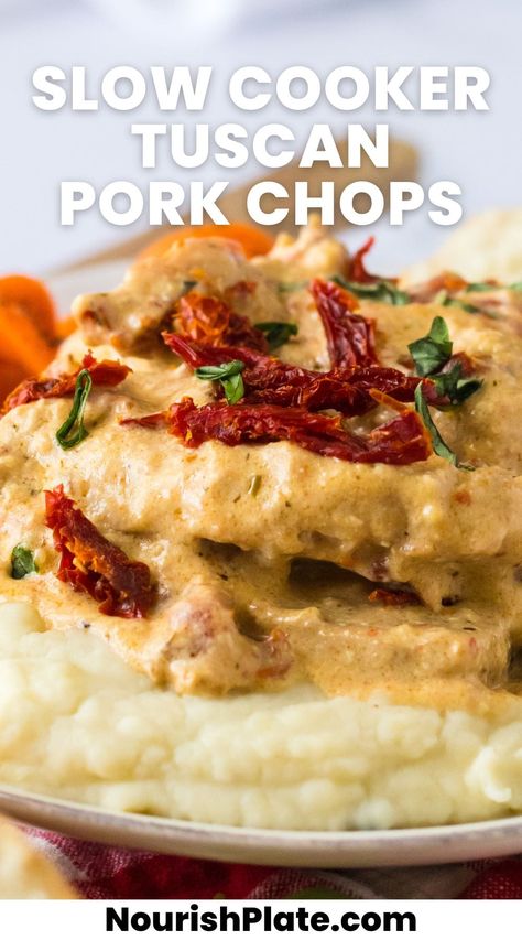 Slow Cooker Tuscan Pork Chops Tuscan Pork Chops Recipes, Boneless Pork Chop Crock Pot Recipes, Easy Crockpot Pork Chop Recipes, Pork Loin Chops Recipes Slow Cooker, Italian Pork Chop Recipes, Pork Chop Slow Cooker Recipes, Crockpot Pork Steaks, Tuscan Pork Chops, Boneless Pork Chops Crock Pot