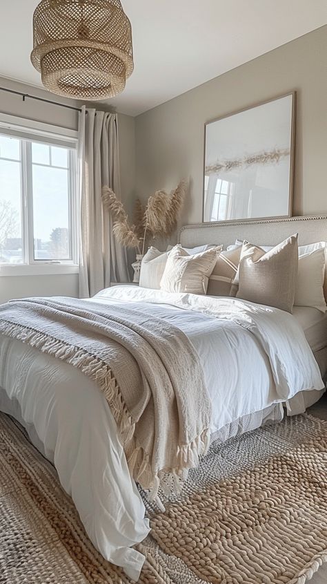 Subtle Bedroom Ideas, Modern Cozy Bedroom Neutral, Tudor Bathroom, Bed Inspo, Bungalow Ideas, Bedroom Neutral, Fresh Bedroom, Beige Room, Tiny Room