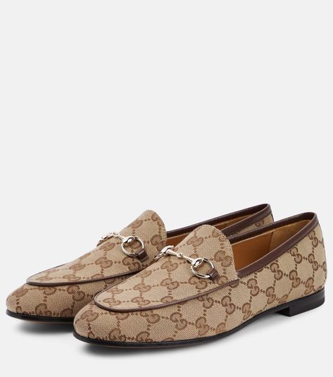 Find GUCCI Jordaan Horsebit Gg Canvas Loafers on Editorialist. Upper: fabric. Lining: leather. Sole: leather insole and sole. Toe shape: almond toe. Made in Italy. Includes: shoe box, dust bag. Designer color name: Beige Ebony/N.Acero. Gucci Horsebit Loafers, Gucci Jordaan, Canvas Loafers, Gucci Horsebit, Platform Loafers, Beige Shoes, Suede Loafers, Brown Shoe, Gucci Shoes