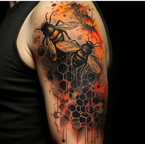 Bee Arm Tattoo, Deadpool Tattoo, Mandela Tattoo, Arm Tattoos For Guys Forearm, Honey Bee Tattoo, Honeycomb Tattoo, Nature Tattoo Sleeve, Abstract Tattoo Designs, Wicked Tattoos