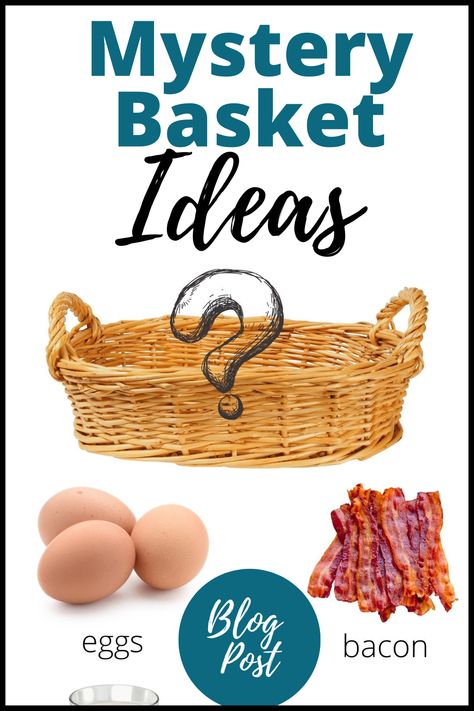 This is a blog post with ideas for Chopped Mystery Basket ingredients! Great for middle school and high school students or anyone that wants to have fun with cooking in the classroom or homeschool cooking! It includes ingredient ideas for mystery baskets as well as downloads for mystery basket lesson plans. Great for FCS, Culinary Arts, Home Ec, Homeschool, and cooking with kids! Chopped Mystery Basket Ideas, Middle School Cooking Recipes, Chopped Basket Ideas, Chopped Jr Basket Ideas, Cooking Competition Ideas, Cooking Lesson Plans, Homeschool Cooking, Chopped Junior, Chef School